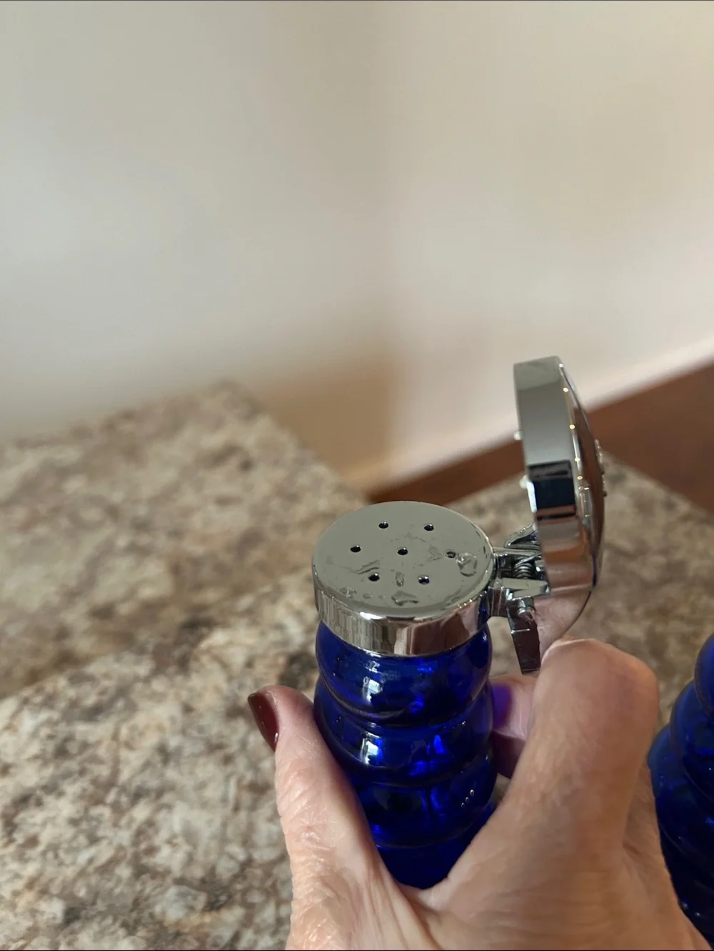 Cobalt Blue Glass Pepper and Salt Shakers with Silver Tops